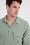 Erkek Regular Fit Klasik Kesim Oversize %100 Pamuk Keten Doku Çift Cep Yeşil Gömlek
