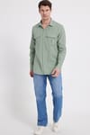 Erkek Regular Fit Klasik Kesim Oversize %100 Pamuk Keten Doku Çift Cep Yeşil Gömlek