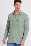 Erkek Regular Fit Klasik Kesim Oversize %100 Pamuk Keten Doku Çift Cep Yeşil Gömlek