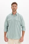 Erkek Regular Fit Klasik Kesim Oversize %100 Pamuk Keten Doku Çift Cep Yeşil Gömlek