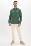 Erkek Regular Fit Klasik Kesim Oversize %100 Pamuk Keten Doku Çift Cep Haki Gömlek