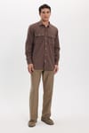 Erkek Regular Fit Klasik Kesim Oversize %100 Pamuk Keten Doku Çift Cep Kahverengi Gömlek