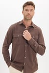 Erkek Regular Fit Klasik Kesim Oversize %100 Pamuk Keten Doku Çift Cep Kahverengi Gömlek