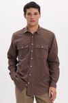 Erkek Regular Fit Klasik Kesim Oversize %100 Pamuk Keten Doku Çift Cep Kahverengi Gömlek