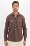 Erkek Regular Fit Klasik Kesim Oversize %100 Pamuk Keten Doku Çift Cep Kahverengi Gömlek