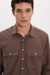Erkek Regular Fit Klasik Kesim Oversize %100 Pamuk Keten Doku Çift Cep Kahverengi Gömlek