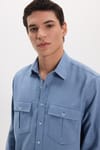 Erkek Regular Fit Klasik Kesim Oversize %100 Pamuk Keten Doku Çift Cep İndigo Gömlek