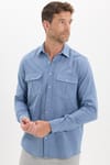 Erkek Regular Fit Klasik Kesim Oversize %100 Pamuk Keten Doku Çift Cep İndigo Gömlek