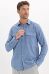 Erkek Regular Fit Klasik Kesim Oversize %100 Pamuk Keten Doku Çift Cep İndigo Gömlek