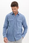 Erkek Regular Fit Klasik Kesim Oversize %100 Pamuk Keten Doku Çift Cep İndigo Gömlek