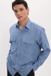 Erkek Regular Fit Klasik Kesim Oversize %100 Pamuk Keten Doku Çift Cep İndigo Gömlek