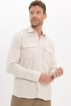 Erkek Regular Fit Klasik Kesim Oversize %100 Pamuk Keten Doku Çift Cep Bej Gömlek