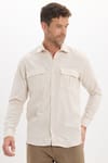 Erkek Regular Fit Klasik Kesim Oversize %100 Pamuk Keten Doku Çift Cep Bej Gömlek