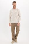 Erkek Regular Fit Klasik Kesim Oversize %100 Pamuk Keten Doku Çift Cep Bej Gömlek