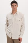 Erkek Regular Fit Klasik Kesim Oversize %100 Pamuk Keten Doku Çift Cep Bej Gömlek
