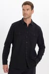 Erkek Regular Fit Klasik Kesim Oversize %100 Pamuk Keten Doku Çift Cep Siyah Gömlek