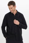 Erkek Regular Fit Klasik Kesim Oversize %100 Pamuk Keten Doku Çift Cep Siyah Gömlek