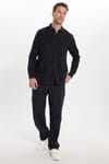 Erkek Regular Fit Klasik Kesim Oversize %100 Pamuk Keten Doku Çift Cep Siyah Gömlek