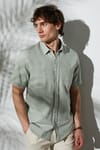 Erkek Regular Fit Klasik Kesim Oversize %100 Pamuk Keten Doku Cepli Yeşil Gömlek