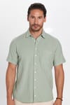 Erkek Regular Fit Klasik Kesim Oversize %100 Pamuk Keten Doku Cepli Yeşil Gömlek