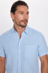 Erkek Regular Fit Klasik Kesim Oversize %100 Pamuk Keten Doku Cepli Mavi Gömlek