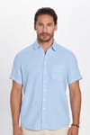 Erkek Regular Fit Klasik Kesim Oversize %100 Pamuk Keten Doku Cepli Mavi Gömlek