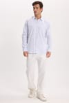 Erkek Regular Fit Klasik Kesim Oversize %100 Pamuk Keten Doku Mavi Gömlek