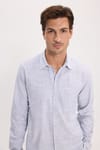 Erkek Regular Fit Klasik Kesim Oversize %100 Pamuk Keten Doku Lacivert Gömlek
