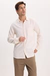 Erkek Regular Fit Klasik Kesim Oversize %100 Pamuk Keten Doku Bej Gömlek