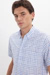 Erkek Regular Fit Klasik Kesim Oversize %100 Pamuk Keten Doku Tek Cep Kareli Düğmeli Yaka Gömlek