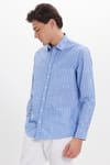 Erkek Regular Fit Klasik Kesim Oversize Uzun Kollu %100 Pamuk Keten Doku Tek Cepli Mavi Çizgili Gömlek