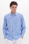 Erkek Regular Fit Klasik Kesim Oversize Uzun Kollu %100 Pamuk Keten Doku Tek Cepli Mavi Çizgili Gömlek