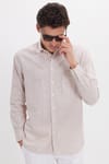 Erkek Regular Fit Klasik Kesim Oversize Uzun Kollu %100 Pamuk Keten Doku Tek Cepli Bej Çizgili Gömlek
