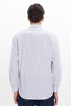 Erkek Regular Fit Klasik Kesim Oversize Uzun Kollu %100 Pamuk Keten Doku Tek Cepli Lacivert Çizgili Gömlek