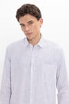 Erkek Regular Fit Klasik Kesim Oversize Uzun Kollu %100 Pamuk Keten Doku Tek Cepli Lacivert Çizgili Gömlek