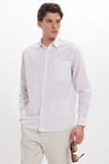 Erkek Regular Fit Klasik Kesim Oversize Uzun Kollu %100 Pamuk Keten Doku Tek Cepli Çizgili Bej Gömlek