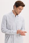 Erkek Regular Fit Klasik Kesim Oversize Uzun Kollu %100 Pamuk Keten Doku Tek Cepli Çizgili Yeşil Gömlek