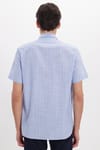 Erkek Regular Fit Klasik Kesim Oversize %100 Pamuk Keten Doku Tek Cepli Çizgili Kısa Kollu Mavi Gömlek