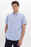 Erkek Regular Fit Klasik Kesim Oversize %100 Pamuk Keten Doku Tek Cepli Çizgili Kısa Kollu Mavi Gömlek