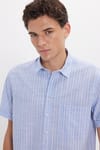 Erkek Regular Fit Klasik Kesim Oversize %100 Pamuk Keten Doku Tek Cepli Çizgili Kısa Kollu Mavi Gömlek