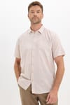 Erkek Regular Fit Klasik Kesim Oversize %100 Pamuk Keten Doku Tek Cepli Çizgili Kısa Kollu Bej Gömlek