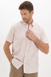 Erkek Regular Fit Klasik Kesim Oversize %100 Pamuk Keten Doku Tek Cepli Çizgili Kısa Kollu Bej Gömlek