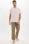 Erkek Regular Fit Klasik Kesim Oversize %100 Pamuk Keten Doku Tek Cepli Çizgili Kısa Kollu Bej Gömlek