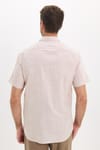 Erkek Regular Fit Klasik Kesim Oversize %100 Pamuk Keten Doku Tek Cepli Çizgili Kısa Kollu Bej Gömlek