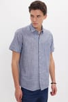 Erkek Regular Fit Klasik Kesim Oversize %100 Pamuk Keten Doku Tek Cepli Çizgili Kısa Kollu Lacivert Gömlek