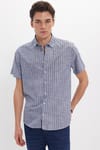 Erkek Regular Fit Klasik Kesim Oversize %100 Pamuk Keten Doku Tek Cepli Çizgili Kısa Kollu Lacivert Gömlek
