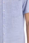 Erkek Regular Fit Klasik Kesim Oversize %100 Pamuk Keten Doku Tek Cepli Çizgili Kısa Kollu Mavi Gömlek