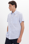 Erkek Regular Fit Klasik Kesim Oversize %100 Pamuk Keten Doku Tek Cepli Çizgili Kısa Kollu Mavi Gömlek
