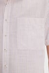 Erkek Regular Fit Klasik Kesim Oversize %100 Pamuk Keten Doku Tek Cepli Çizgili Kısa Kollu Bej Gömlek
