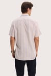 Erkek Regular Fit Klasik Kesim Oversize %100 Pamuk Keten Doku Tek Cepli Çizgili Kısa Kollu Bej Gömlek